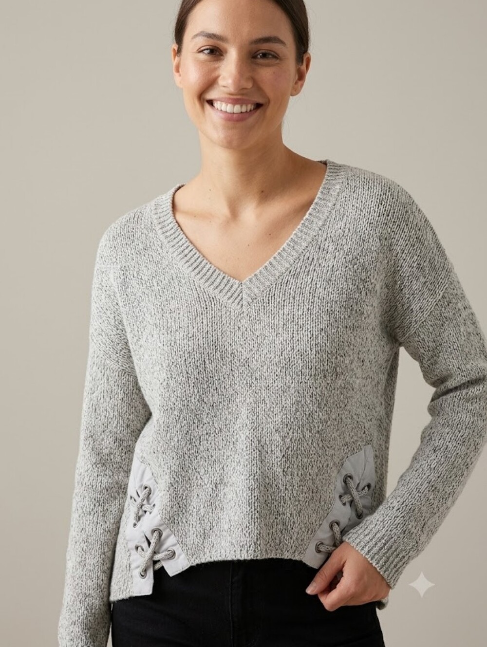 Dex Oatmeal Melange Slouchy Knit Oversized Lace Up Sweater High Low Cozycore M